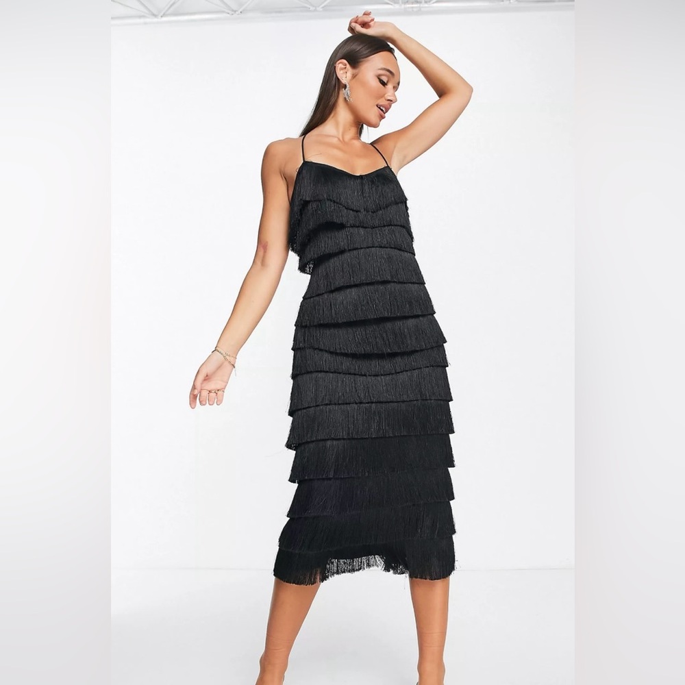 ASOS Tiered Midi Fringed dress with Sheer Crossback detail- black- size 8
